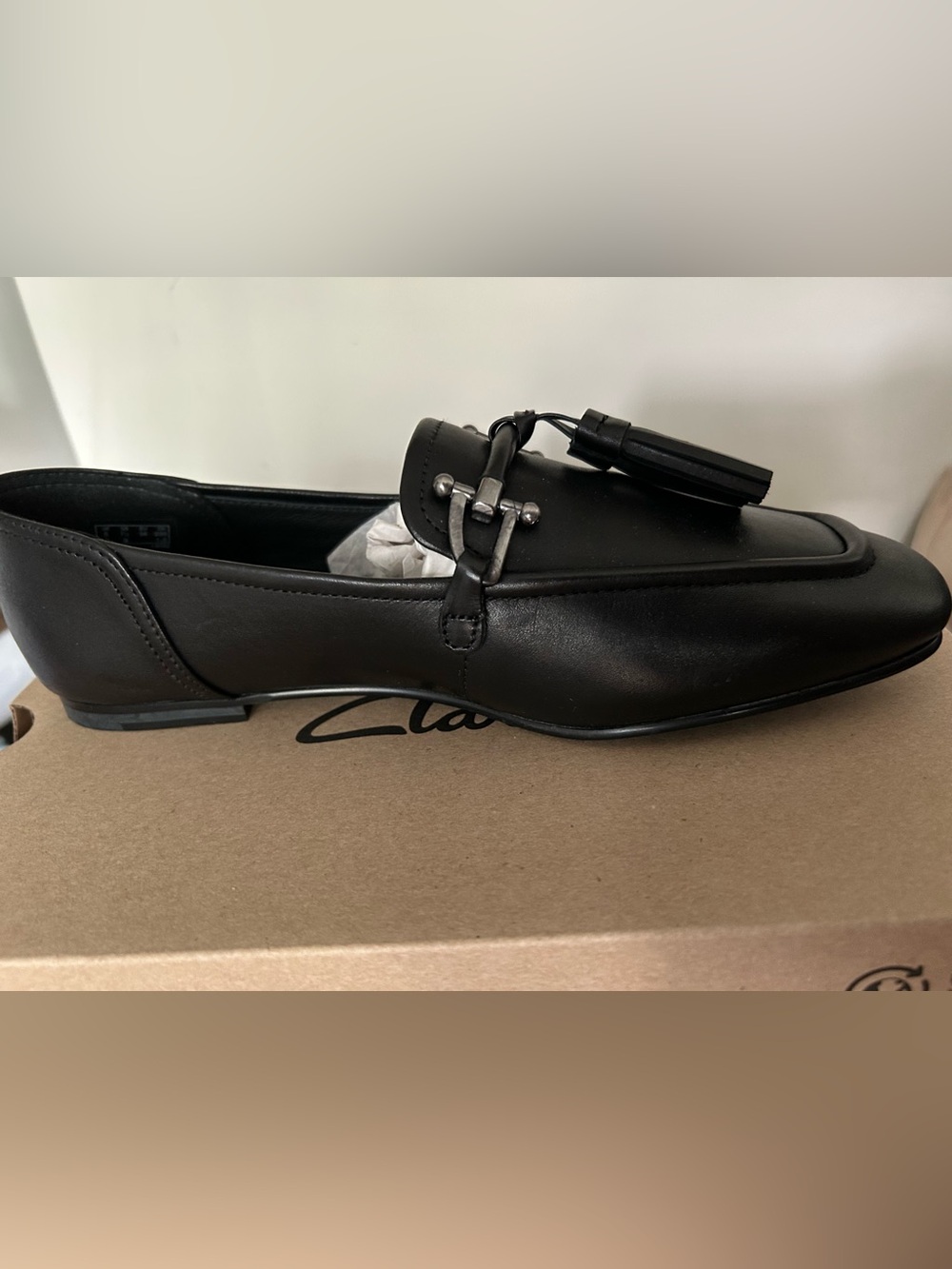 Clarks Black Leather Tassel Loafers with Metal Bit
